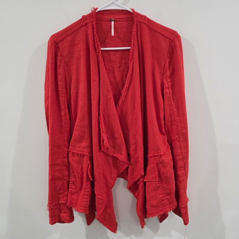 Free People Linen Blend Jacket Size Small Raw Hem Waterfall Orange Boho